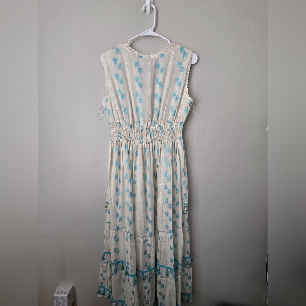 Bohemian V-Neck White Maxi Dress with Teal Embroidery - Picture 2 of 7